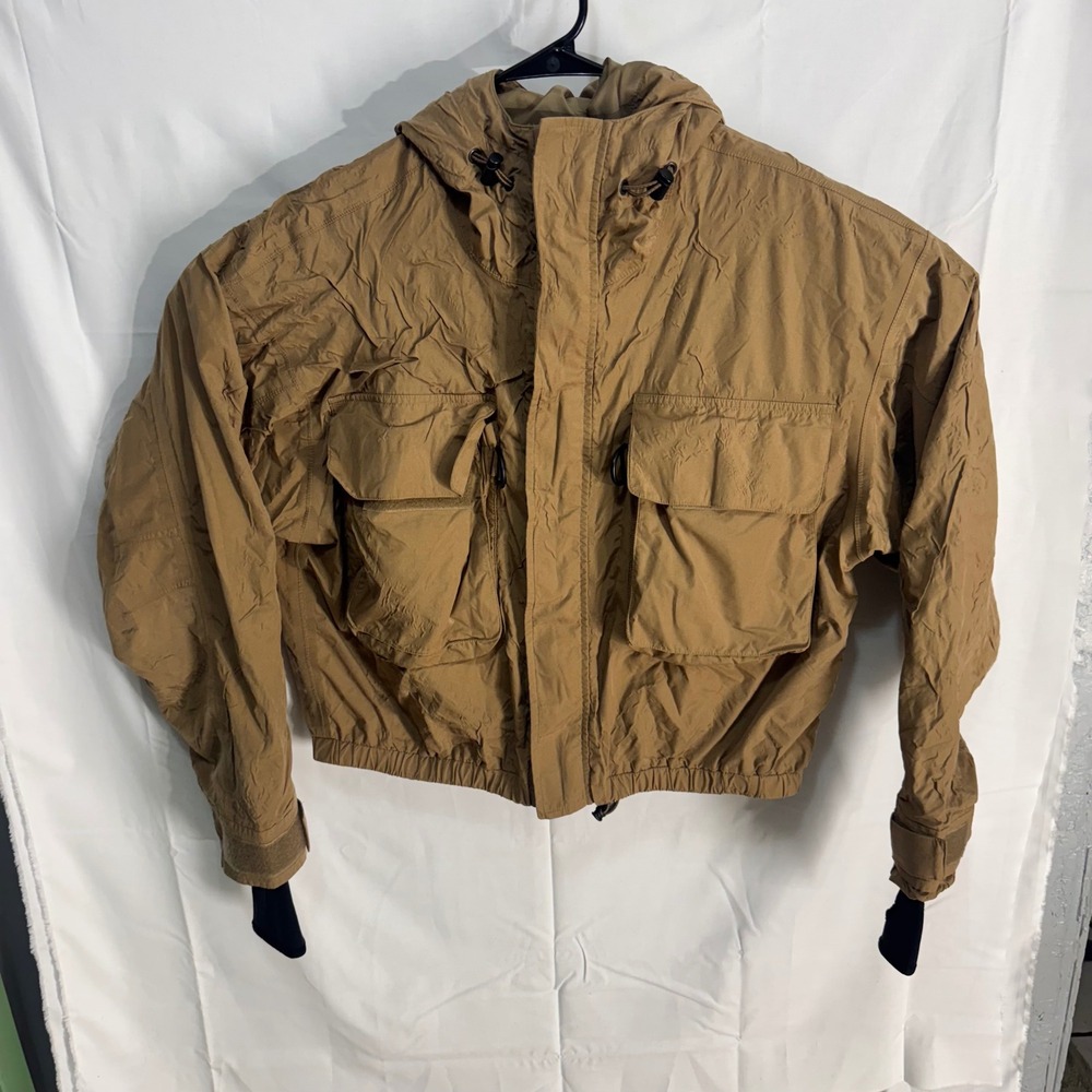 Cabelas Dry-Plus Wading Jacket Mens L Tan Cropped Hooded Utility Fishing Coat